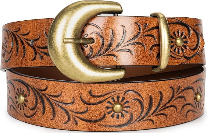 INOGIH Adjustable-Vintage-Western-Cowboy-Belt Women Men - Cowboy-Style Engraved-Buckle Belt for Jeans Pants Dresses
