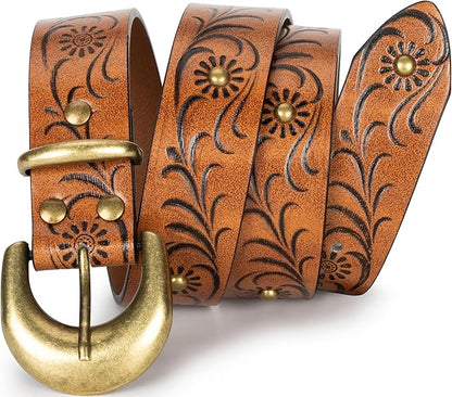 INOGIH Adjustable-Vintage-Western-Cowboy-Belt Women Men - Cowboy-Style Engraved-Buckle Belt for Jeans Pants Dresses