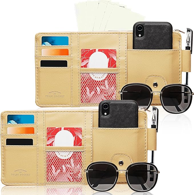 Boao 2 Packs Car Sun Visor Organizer, Sunglasses Holders for Car Sun Visor PU Auto Interior Accessories Storage Travel Document Holder with Multi Pocket (Beige, 12.2 x 6.1 Inches)