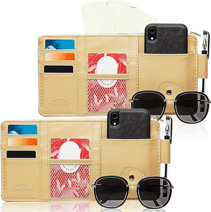 Boao 2 Packs Car Sun Visor Organizer, Sunglasses Holders for Car Sun Visor PU Auto Interior Accessories Storage Travel Document Holder with Multi Pocket (Beige, 12.2 x 6.1 Inches)