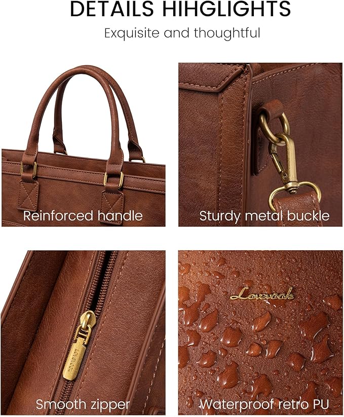 LOVEVOOK Laptop Tote Bag for Women, 15.6 Inch Work Bags, PU Vintage Leather Tote Bag, Waterproof Computer Bags with Clutch Purse, Large Capacity Messenger Bag for Teacher College Business Office