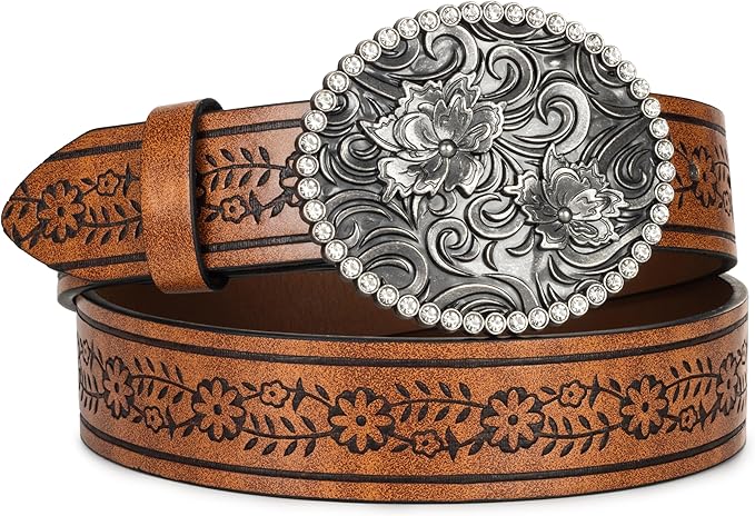 Mealah Vintage Western-Cowboy-Belt for Women Men - Carved Buckle PU Leather Waist Belts (for Waist 28"-38")