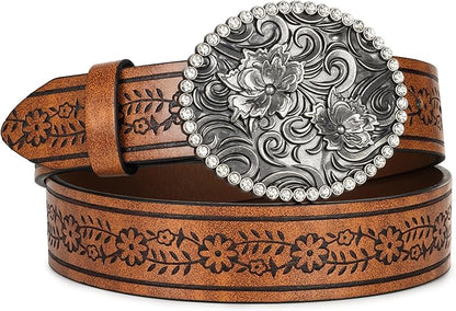 Mealah Vintage Western-Cowboy-Belt for Women Men - Carved Buckle PU Leather Waist Belts (for Waist 28"-38")