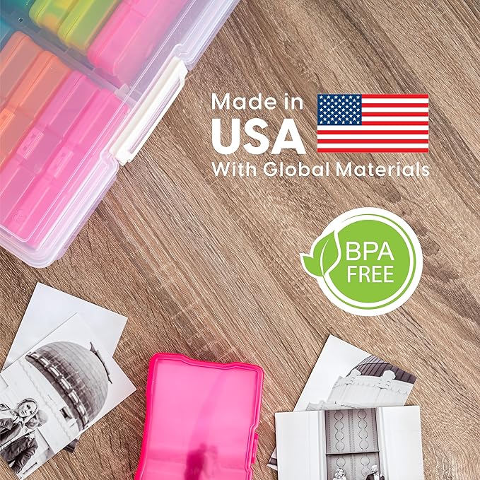 IRIS USA 4" x 6" |Made in USA| Photo Organizers and Picture Storage Box with Handle, 16 Inner Cases/Containers for Tasks, Stickers, Ephemera, & Flashcards - Clear/Multi-Color
