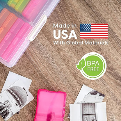 IRIS USA 4" x 6" |Made in USA| Photo Organizers and Picture Storage Box with Handle, 16 Inner Cases/Containers for Tasks, Stickers, Ephemera, & Flashcards - Clear/Multi-Color