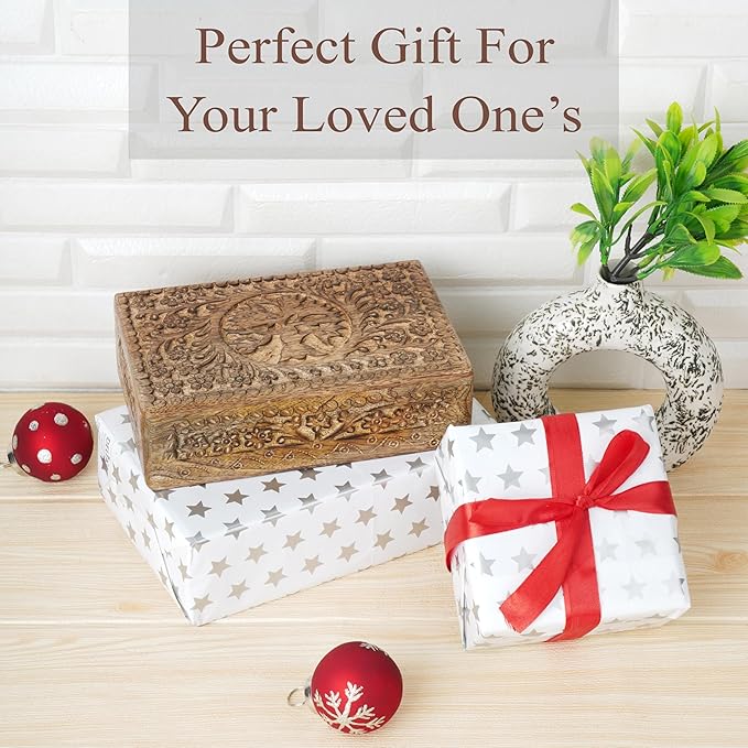 Ajuny Wooden Jewelry Box Tree of Life Carvings Travel Trinket Holder Storage Case Handmade Treasure Box Keepsake 8x5 Inch Multipurpose Organizer Unique Gifts for Men & Women