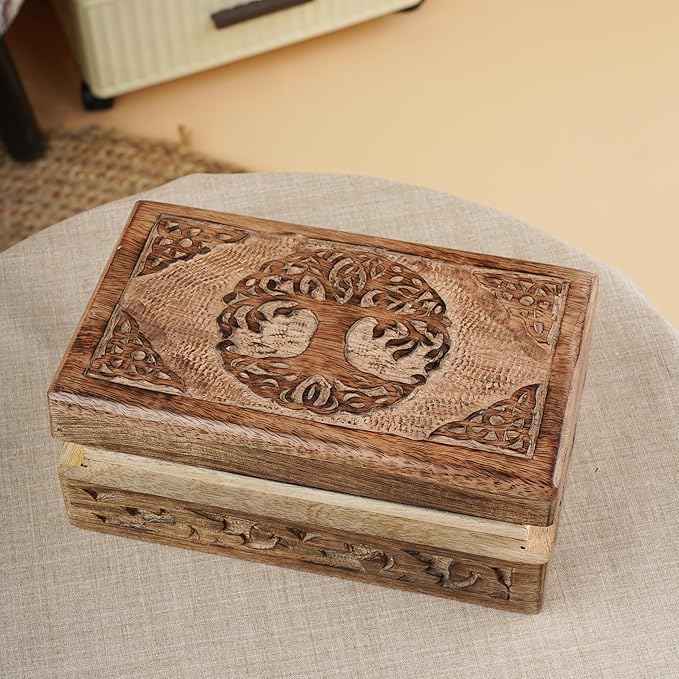 Ajuny Wooden Jewelry Box - Hand Carved Mango Wood Tree of Life Celtic Carving Decorative Multipurpose Keepsake Box, Treasure Chest Memory Box Organizer Travel Trinket Holder Case Gifts - 8x5 Inch