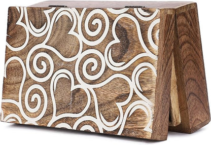 Ajuny Wooden Handmade Decorative Jewelry Storage Box White and Brown Heart Design Multipurpose Treasure Chest Keepsake Organizer Necklaces Watch Boxes Great for Gifts 8x5 Inch