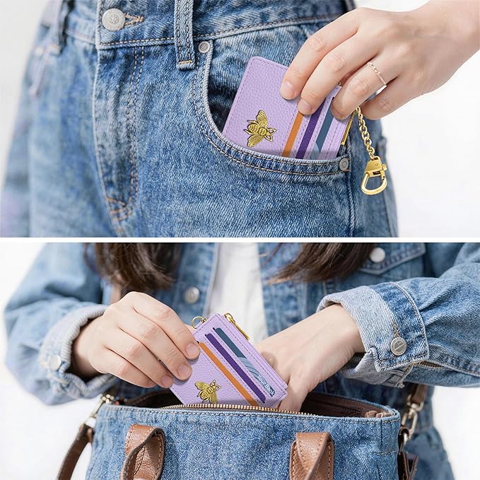 SEAVILIA Card Holder Keychain Wallet for Women with ID Window RFID Blocking Coin Purse Bee Gifts Slim Minimalist Small PU Leather