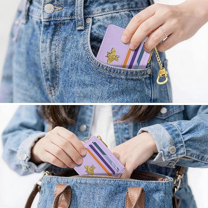 SEAVILIA Card Holder Keychain Wallet for Women with ID Window RFID Blocking Coin Purse Bee Gifts Slim Minimalist Small PU Leather