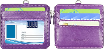 Badge Holder with Zip, Wisdompro 2-Sided PU Leather ID Badge Holder with 1 ID Window, 4 Card Slots, 1 Side Zipper Pocket and 1 piece 20 Inch PU Neck Lanyard Strap - Purple (Horizontal)