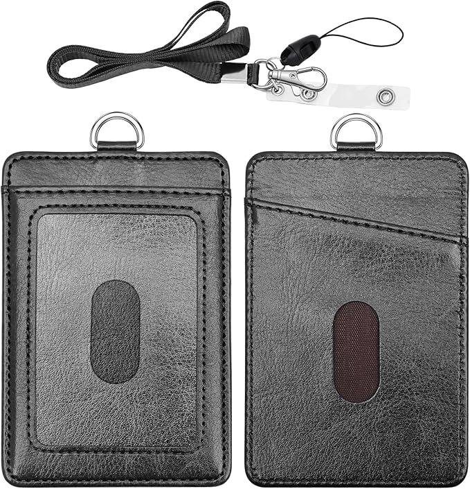 PU Leather ID Badge Holder, Life-Mate ID Badge Holder with 2 Thumb Slide Slots 1 Diagonal Slots Nylon Lanyard for ID Credit Card Business Card in Black (1 Pack)