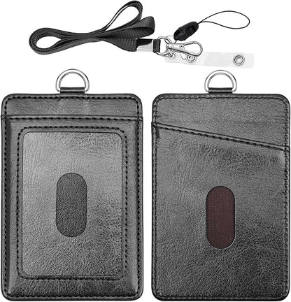 PU Leather ID Badge Holder, Life-Mate ID Badge Holder with 2 Thumb Slide Slots 1 Diagonal Slots Nylon Lanyard for ID Credit Card Business Card in Black (1 Pack)