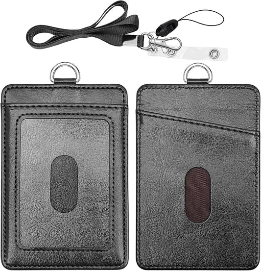PU Leather ID Badge Holder, Life-Mate ID Badge Holder with 2 Thumb Slide Slots 1 Diagonal Slots Nylon Lanyard for ID Credit Card Business Card in Black (1 Pack)