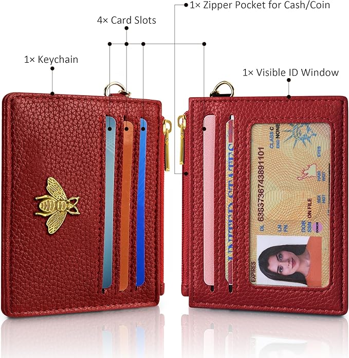 SEAVILIA Card Holder Keychain Wallet for Women with ID Window RFID Blocking Coin Purse Bee Gifts Slim Minimalist Small PU Leather