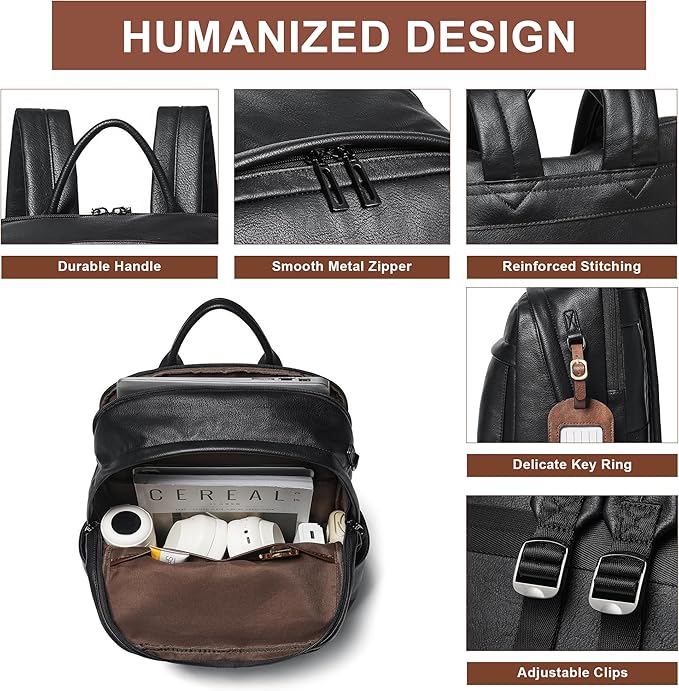 Vegan Leather Backpack for Women and Men, Fits 16.0 Inch Laptop, Multi-Pocket Design with Water Bottle and Luggage Strap, Ideal for Work, Travel, and Daily Use, Black