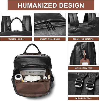 Vegan Leather Backpack for Women and Men, Fits 16.0 Inch Laptop, Multi-Pocket Design with Water Bottle and Luggage Strap, Ideal for Work, Travel, and Daily Use, Black