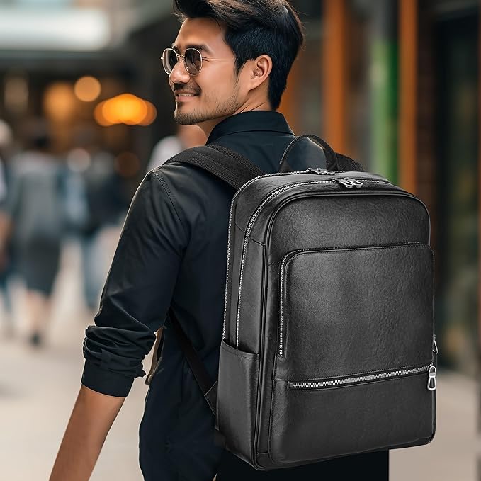Colins Keirs Large Black Leather Backpack for Men, Minimalist Luxury Executive Computer Backpack for Men, 17.3 Inch Genuine Leather Laptop Backpack for Travel Work Business