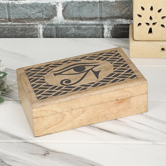 Ajuny Handcarved Wooden Decorative Jewelry Storage Box Eye of Truth Design Vintage Multipurpose Treasure Chest Keepsake Necklaces Watch Boxes Great for Gifts 8x5 Inch