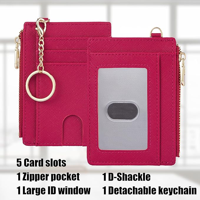 Suweibuke Slim Pocket Wallet, RFID Blocking Credit Card Holder Wallet with D-Shackle ID Window and Detachable keychain for Women (A-Burgundy Red)