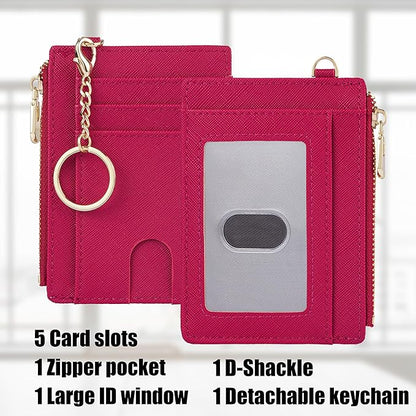 Suweibuke Slim Pocket Wallet, RFID Blocking Credit Card Holder Wallet with D-Shackle ID Window and Detachable keychain for Women (A-Burgundy Red)