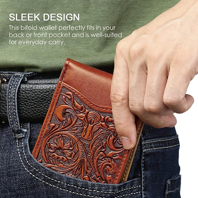 Pefiam Full Grain Leather Bifold Wallet for Men - 11 Slots, RFID Blocking, Western Cowboy Gifts for Men - Brown