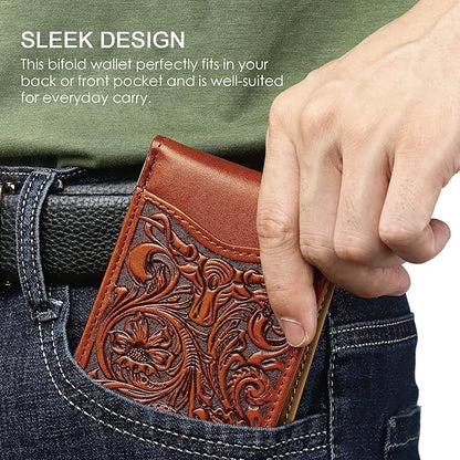 Pefiam Full Grain Leather Bifold Wallet for Men - 11 Slots, RFID Blocking, Western Cowboy Gifts for Men - Brown