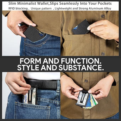 Minimalist Carbon Fiber Wallet for Men, Money Clip Cash Strap Wallet, RFID Blocking Metal Wallet Aluminum Card Holder,Front Pocket Wallet(Carbon Fiber)