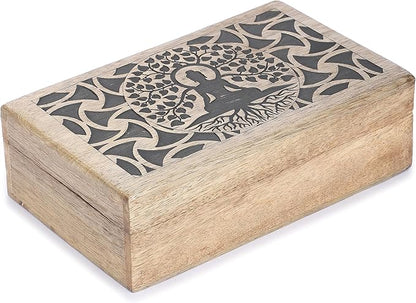 Ajuny Handmade Wooden Keepsake Box Buddha Tree Desgin Memory Box Vintage Decorative Jewelry Storage Treasure Chest Gift Idea for Men & Women (8x5 Inch)