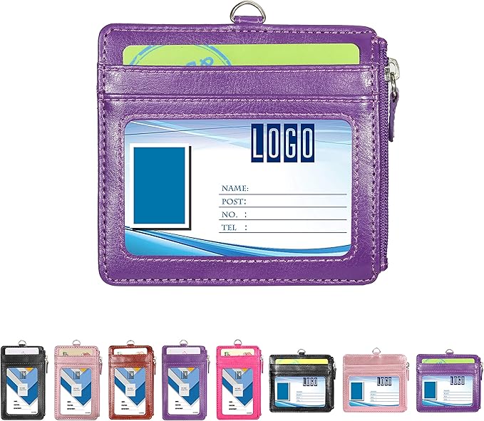 Badge Holder with Zip, Wisdompro 2-Sided PU Leather ID Badge Holder with 1 ID Window, 4 Card Slots, 1 Side Zipper Pocket and 1 piece 20 Inch PU Neck Lanyard Strap - Purple (Horizontal)