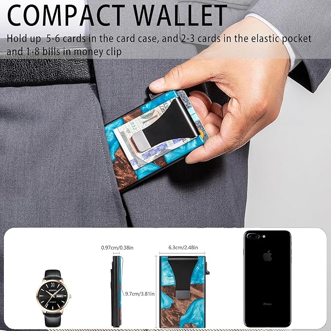 Slim Aluminum Wallet for Men, RFID Blocking Minimalist Matel Pop Up Card Holder Wallet, Holds 8+ Cards,Durable Removable Money Clip & Money Pocket(Resin Light Blue Wood)