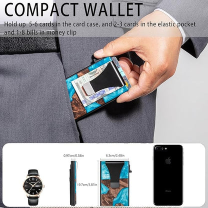 Slim Aluminum Wallet for Men, RFID Blocking Minimalist Matel Pop Up Card Holder Wallet, Holds 8+ Cards,Durable Removable Money Clip & Money Pocket(Resin Light Blue Wood)