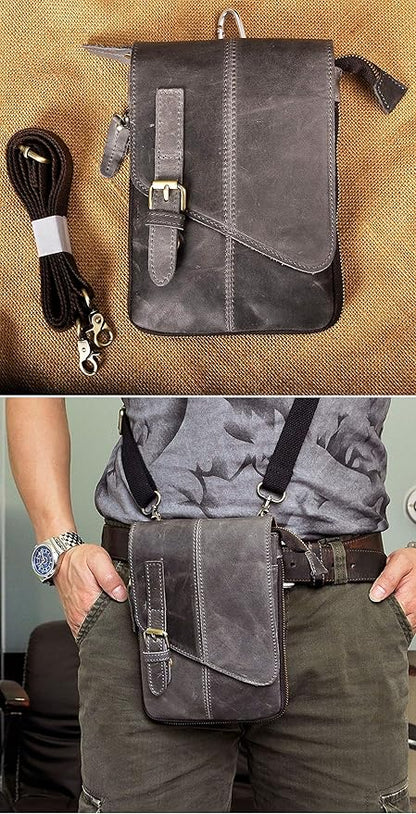 Le'aokuu Mens Genuine Leather Small Messenger Shoulder Satchel Phone Pouch Belt Waist Bag Pack