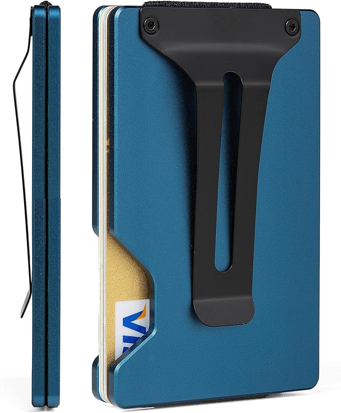 Slim Wallet for Men,RFID Blocking Minimalist Metal Wallet, Money Clip/Cash Holder, Front Pocket Aluminum Credit Card Holder, Ideal Gift for Men-Matte Blue