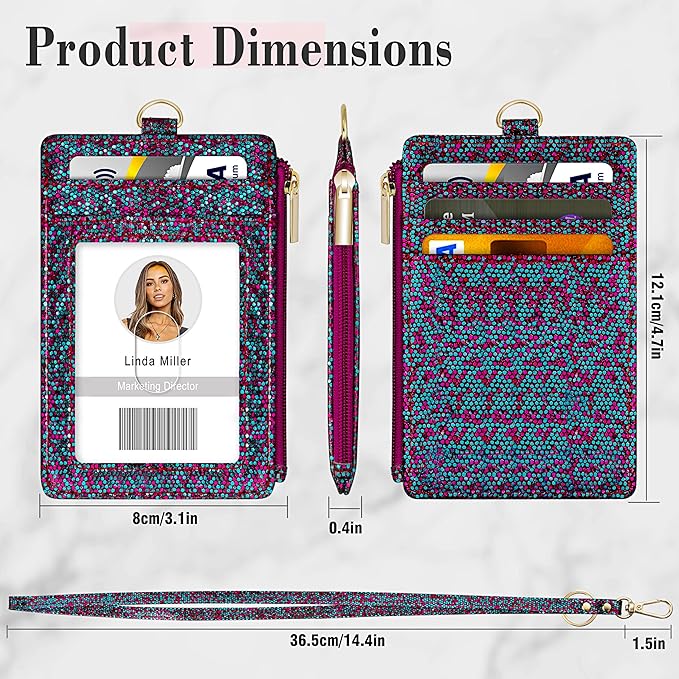 ID Badge Holder with Lanyard, Vertical Bling Shiny ID Badge Card Holder with 1 Clear ID Window, 4 Credit Card Slots, 1 Cash Coin Slot and a Detachable Neck Lanyard (Bling Mermaid)