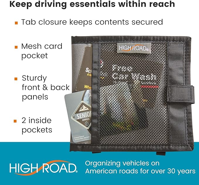High Road Car Registration and Insurance Card Holder for Sun Visor, Glove Box or Console with 2 Clear Hidden Car Document Pockets and Front Mesh Card Pocket