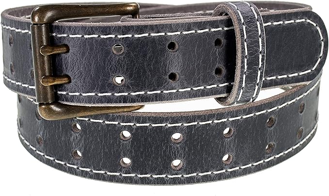 Men’s Classic Leather Belt, Double Prong Retro Style, Antique Brass Buckle, 1 ½” Width, Amish handmade in the USA