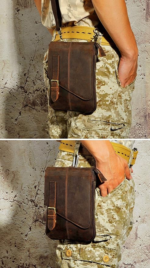 Le'aokuu Mens Genuine Leather Small Messenger Shoulder Satchel Phone Pouch Belt Waist Bag Pack