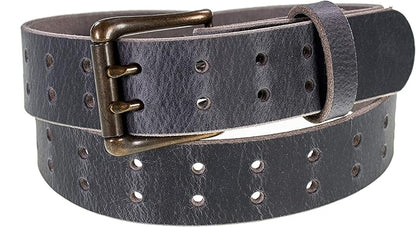 Men’s Classic Leather Belt, Double Prong Retro Style, Antique Brass Buckle, 1 ½” Width, Amish handmade in the USA