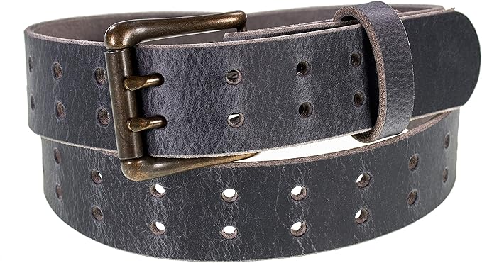 Men’s Classic Leather Belt, Double Prong Retro Style, Antique Brass Buckle, 1 ½” Width, Amish handmade in the USA