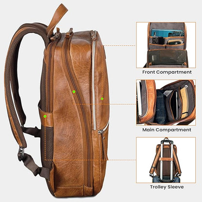 LEATHER VILLAGE Leather Laptop Backpack for Men | Camel Brown | Slim Professional Business Bag Fits 15.6”-Laptop | Water-Repellent Work & Travel Daypack with Trolley Strap