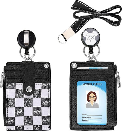 【2025 Latest】Cute ID Badge Holder Retractable Lanyard Reel Clip with Heavy Duty Carabiner,5Card Slots in 2 Sided with Key Ring and Zipper for Women Students Teens Girls Office Staff (Black White Bear)