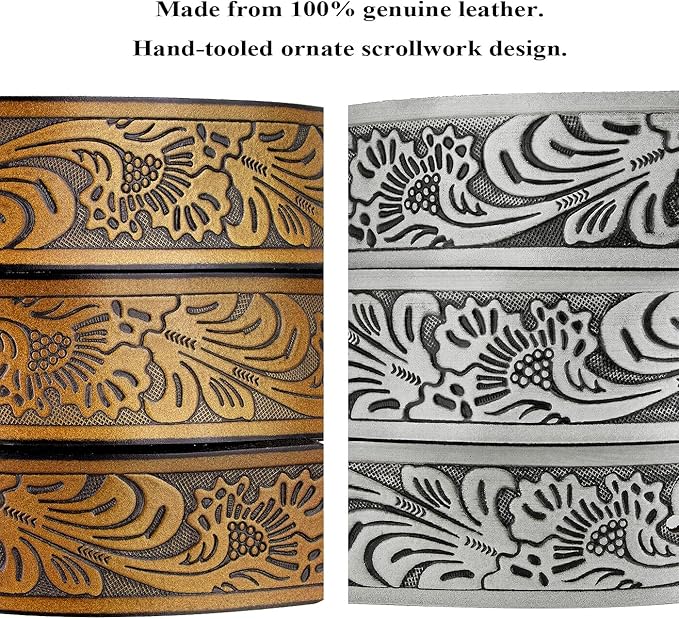 Western Floral Engraved Embossed Tooled Genuine Leather Belt Strap or Belt 1-1/2"(38mm) Wide, Multi-Style Options