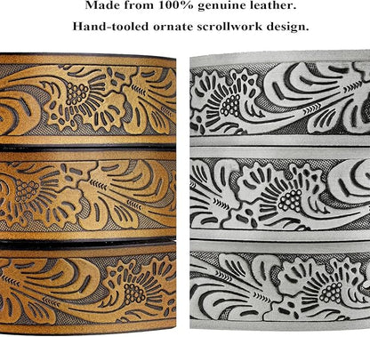 Western Floral Engraved Embossed Tooled Genuine Leather Belt Strap or Belt 1-1/2"(38mm) Wide, Multi-Style Options