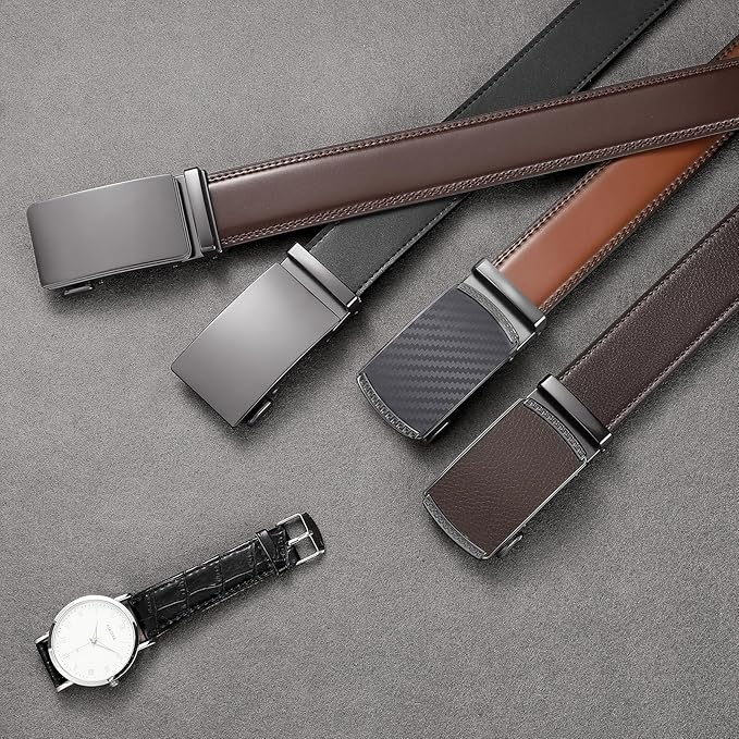 SENDEFN Men's Leather Belt Automatic Ratchet Buckle Slide Belt for Dress Casual Trim to Fit with Gift Box