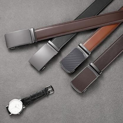 SENDEFN Men's Leather Belt Automatic Ratchet Buckle Slide Belt for Dress Casual Trim to Fit with Gift Box