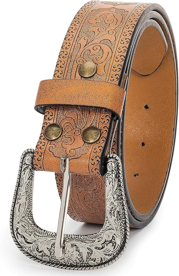 INOGIH Adjustable-Vintage-Western-Cowboy-Belt Women Men - Cowboy-Style Engraved-Buckle Belt for Jeans Pants Dresses