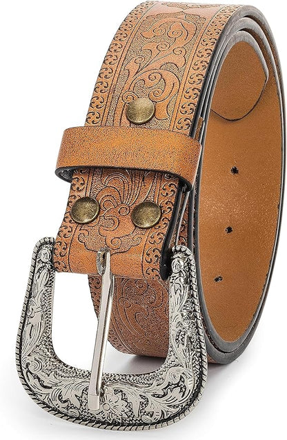 INOGIH Adjustable-Vintage-Western-Cowboy-Belt Women Men - Cowboy-Style Engraved-Buckle Belt for Jeans Pants Dresses