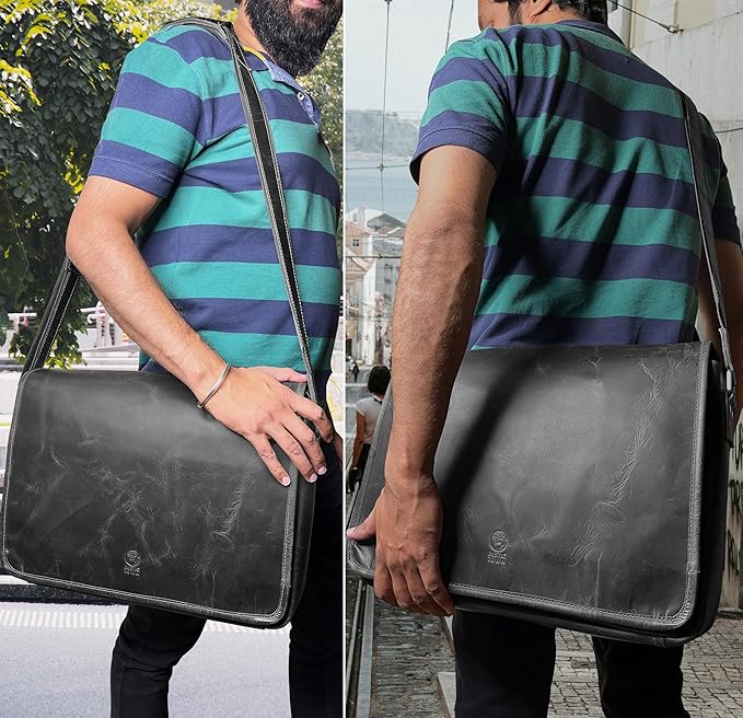 Leather Messenger Bag for Men 16" Full Grain Leather Laptop Bag Vintage Crossbody Office Satchel Travel Shoulder Bag