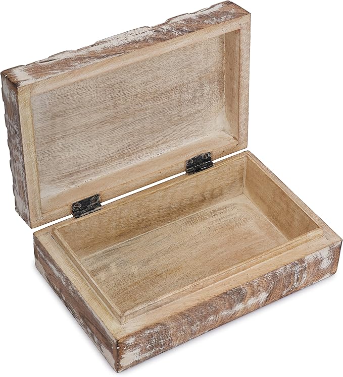 Ajuny Handmade Wooden Box – Hand Carved Line Design Keepsake Box, Decorative Jewelry Organizer Treasure Chest, Memory Storage Boxes Gift for Men and Women, 8x5 Inch